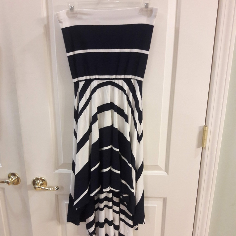 Aqua Navy/White striped high low strapless dress